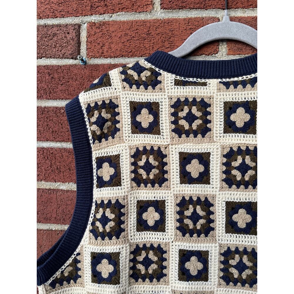 WESC Crochet Sweater Vest Size S Navy Cream Granny Square Knit Boho Unisex - Picture 7 of 11